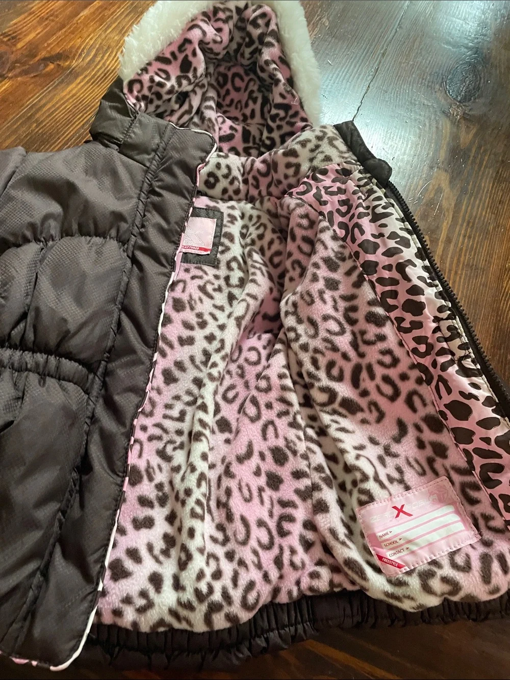 ZeroXposur Girls Brown Puffer Coat with Pink Leopard Hood Lining